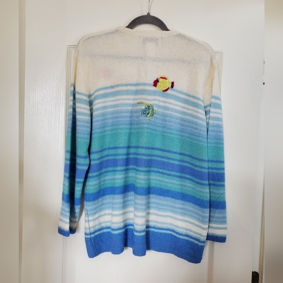 Susan Bristol Fish Beaded Hand Embroidered Shells Colorful V-NeckSweater, Large - Picture 8 of 11